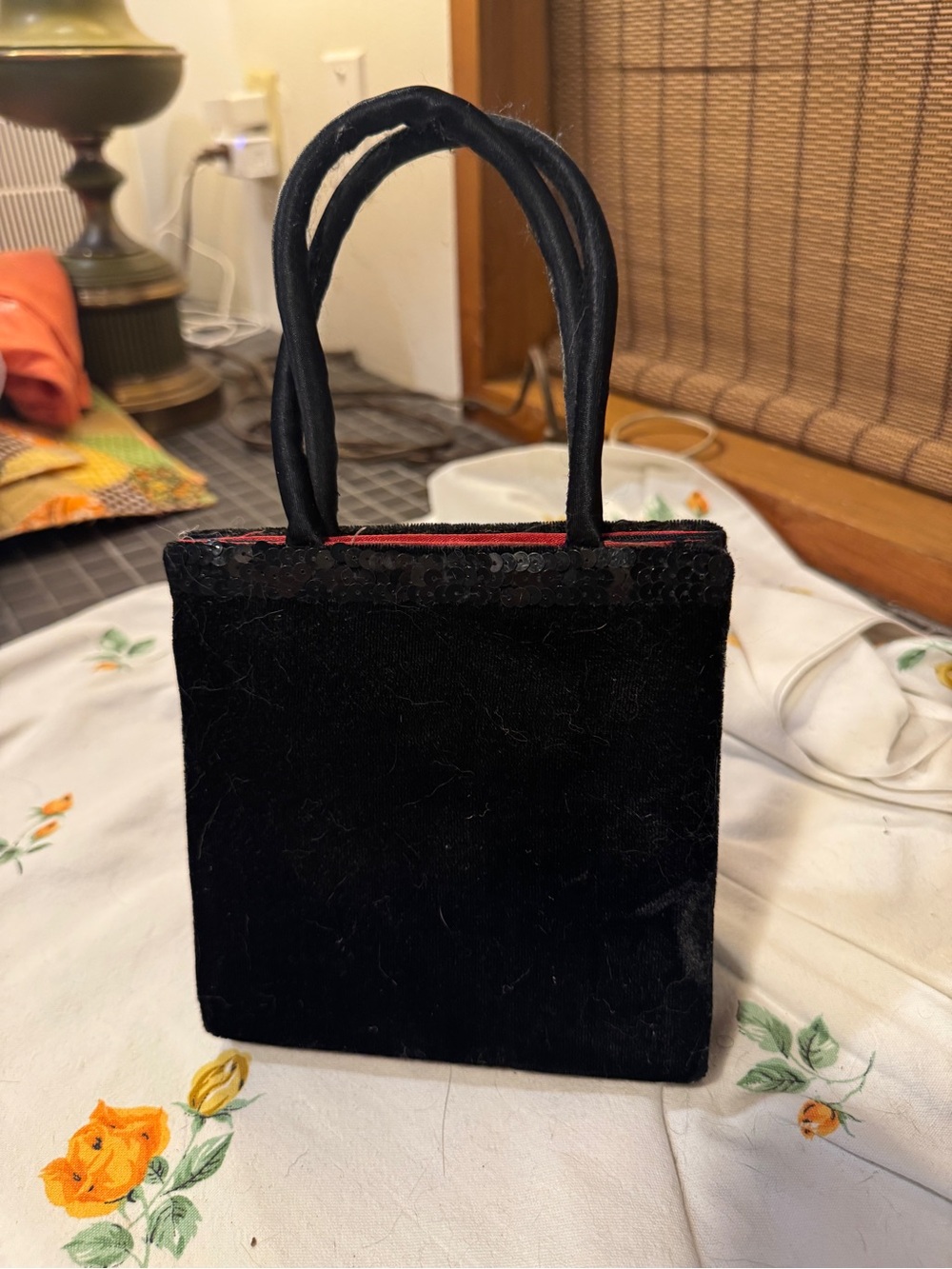 Black Velvet Evening Tote Bag with Red Lining